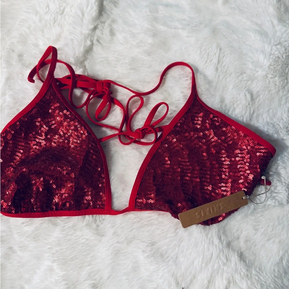 SKIMS Sequin Triangle Tie-Side Bikini Top- Color Brick